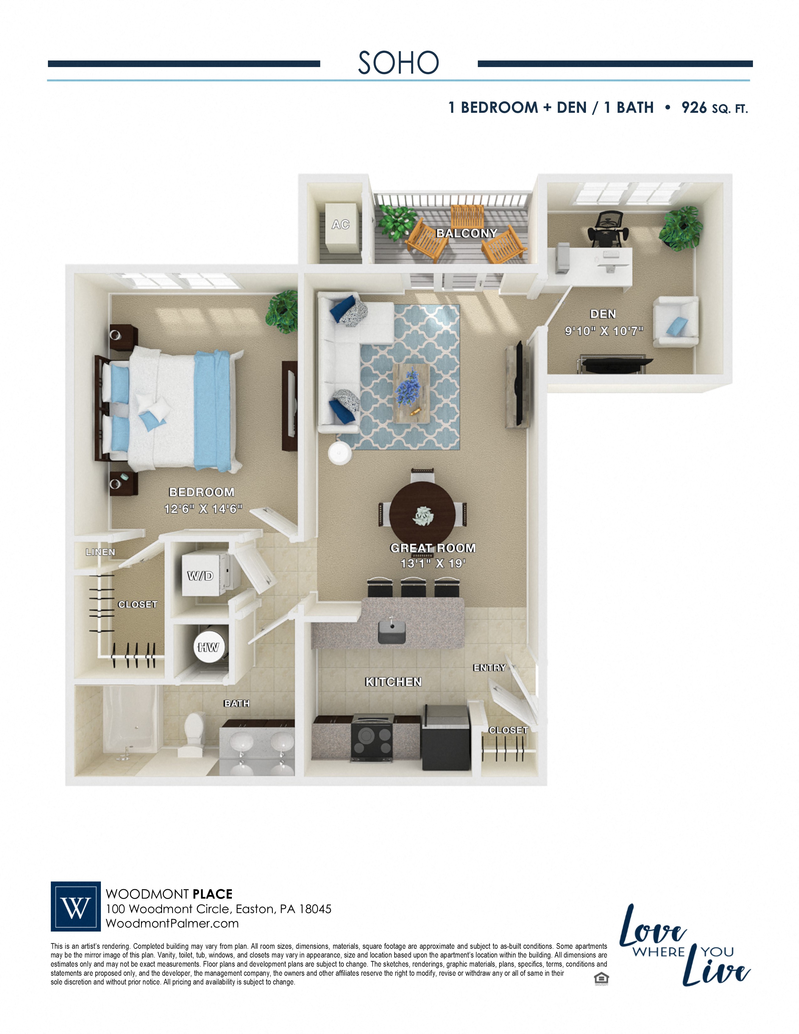 Floor plan for 1 bed, 1 bath, 926 sqft